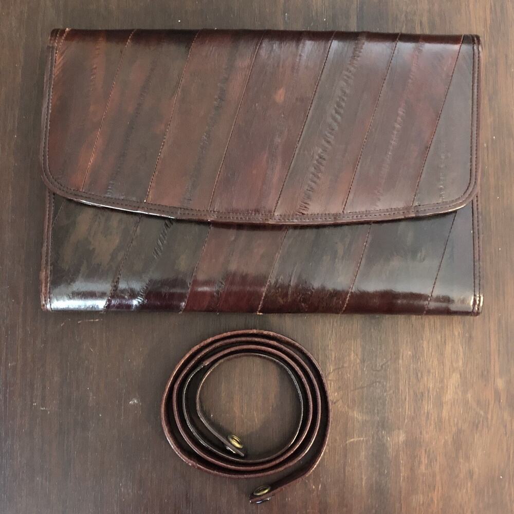 VTG 80s Eel Skin Leather Handbag Removable Shoulder Strap Clutch Purse Burgundy